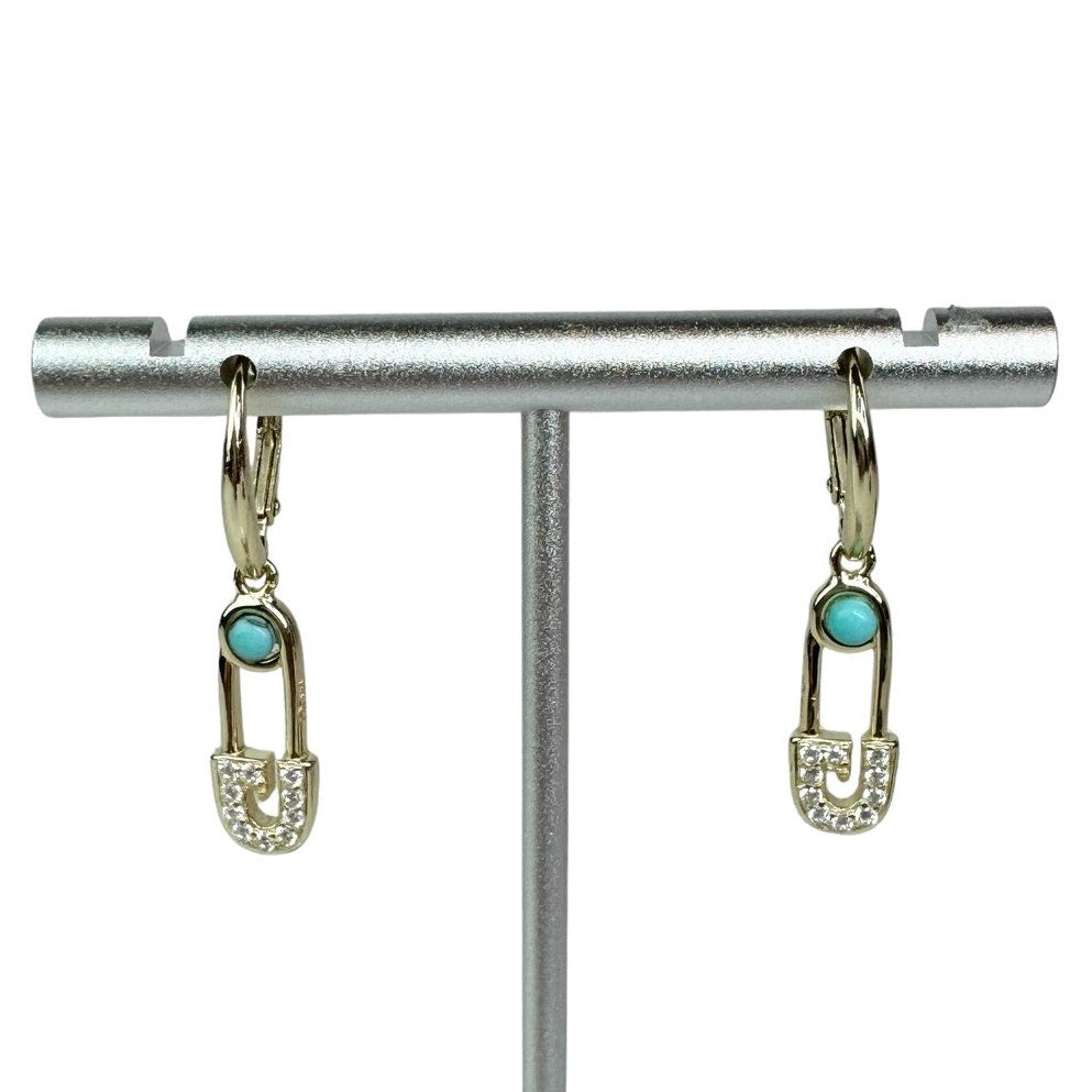 Safety Pin Turquoise Link Drop Earrings | Gold Plated 925 Sterling Huggie