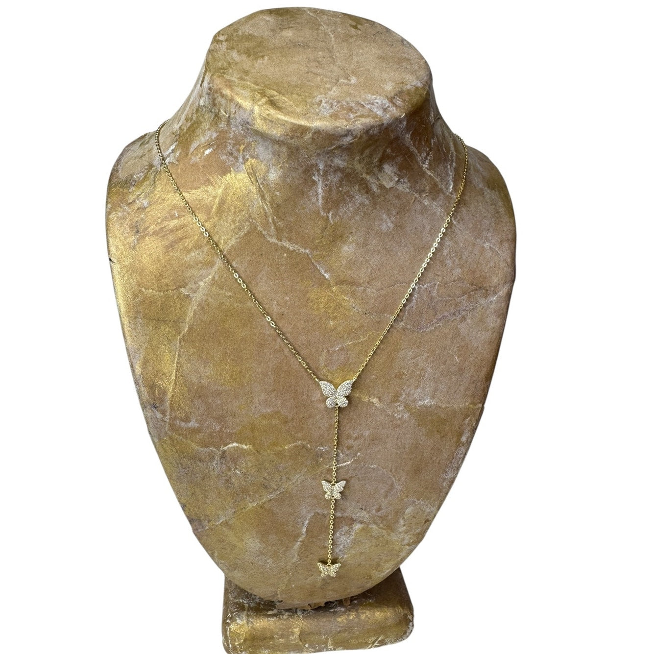 Three Butterfly Lariat Necklace Drop Down Y Statement Necklace