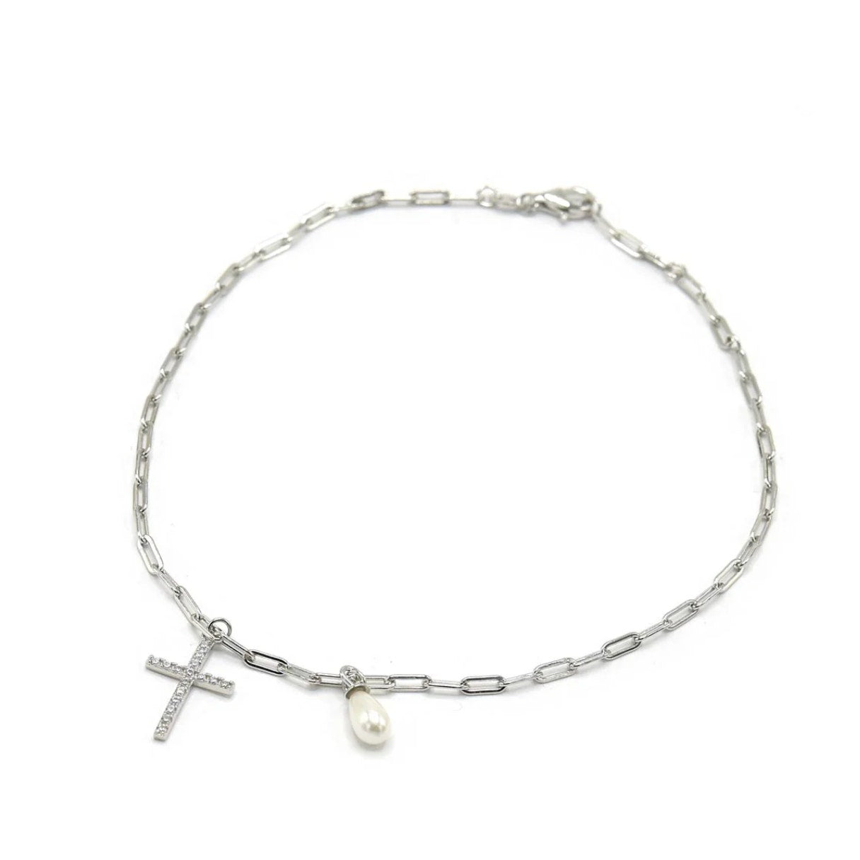 925 Sterling Silver Cross Anklet with Pearl Charm Jewelry