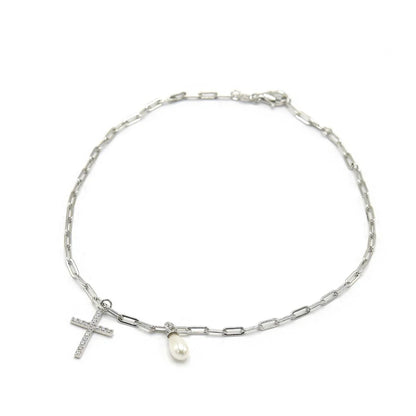 925 Sterling Silver Cross Anklet with Pearl Charm Jewelry