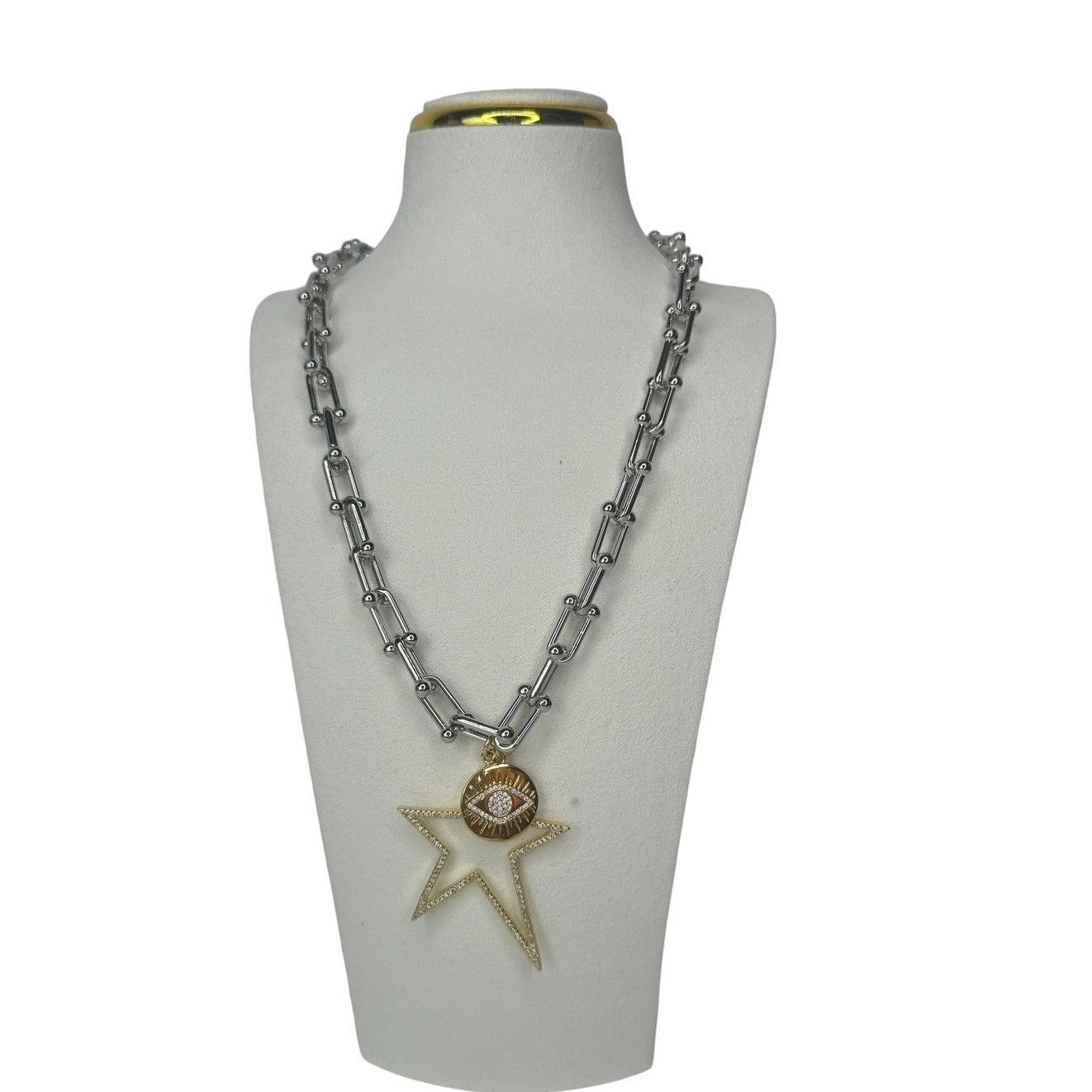 Party link Chain Silver Necklace Gold tone Star and eye Circle Pendant