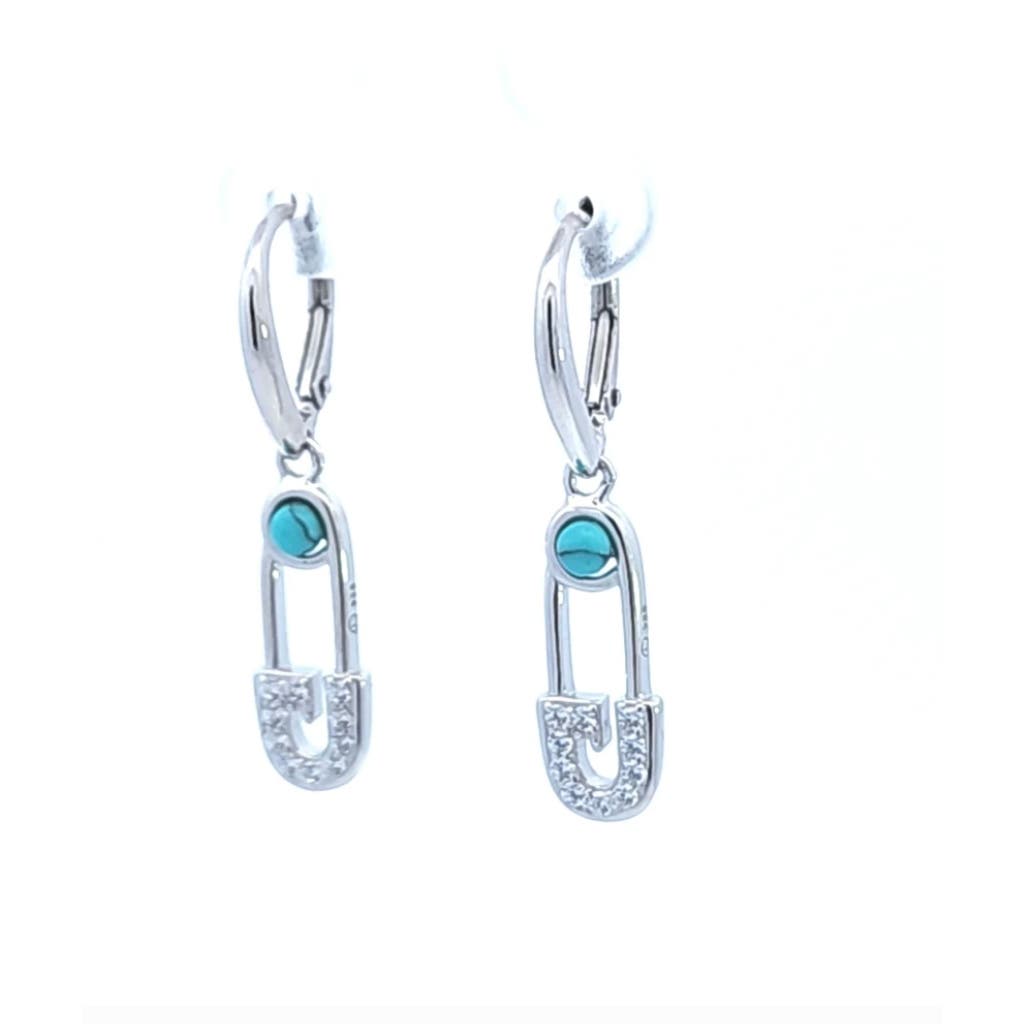 Safety Pin Turquoise earrings Link Drop Earrings Sterling Silver 925  huggie