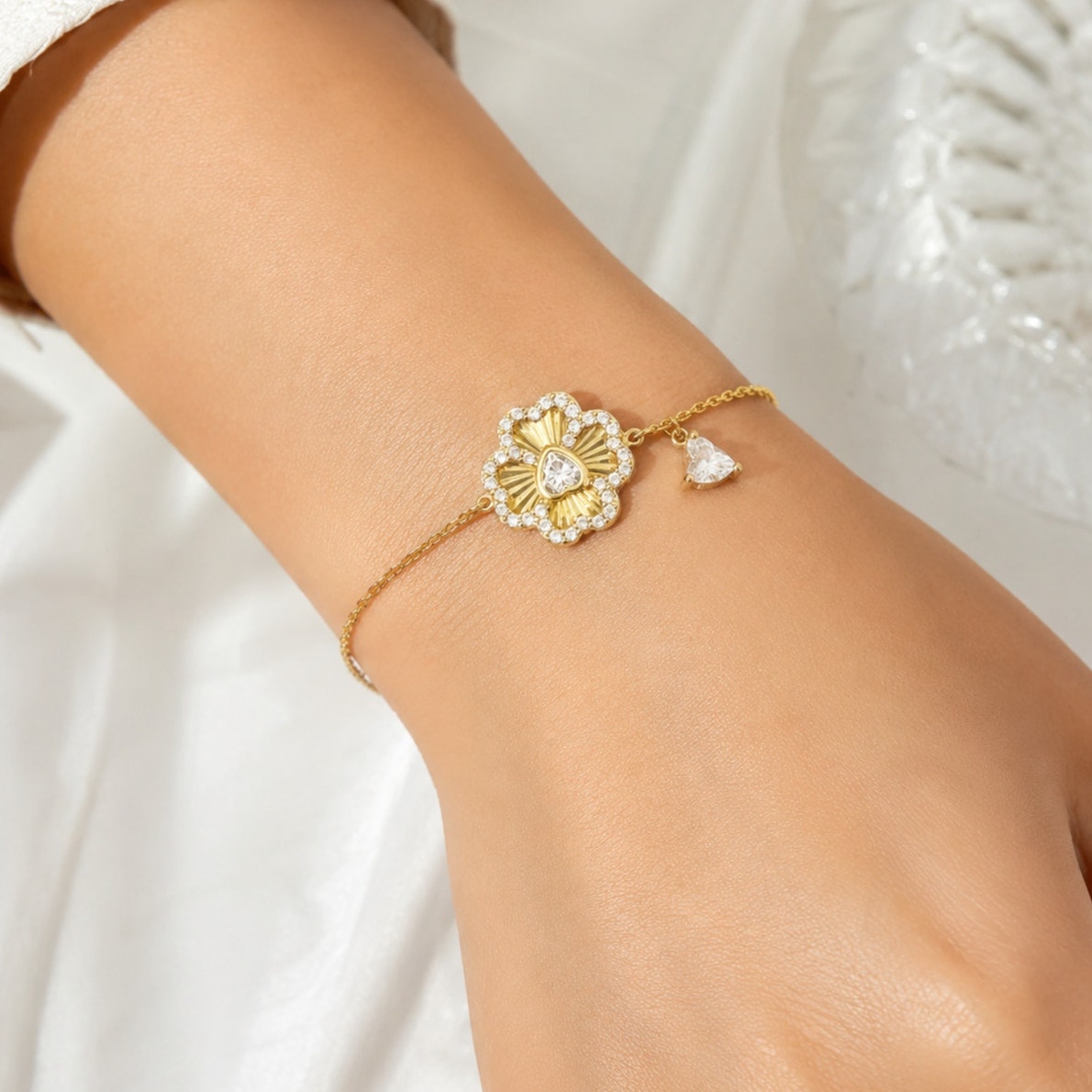 Moissanite Stone Flower Bracelet 14K Gold plated 925 Sterling Silver Bracelet