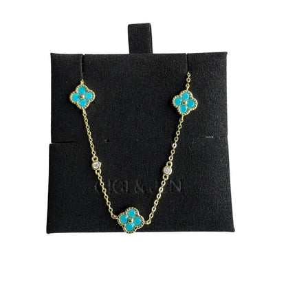 Delicate turquoise Floral Chain Bracelet 14K Gold Plated over 925 Sterling Silver
