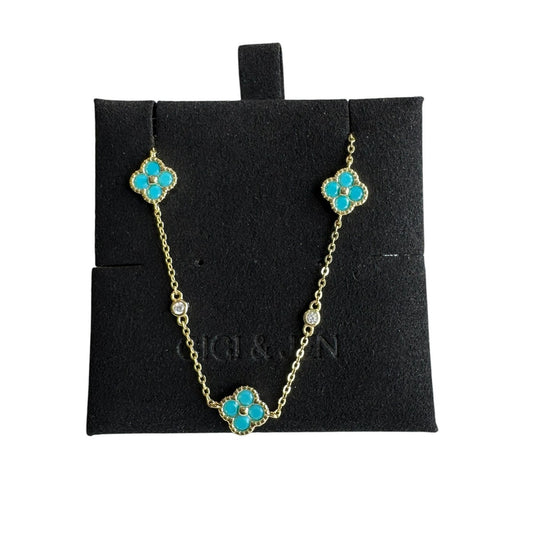 Delicate turquoise Floral Chain Bracelet 14K Gold Plated over 925 Sterling Silver