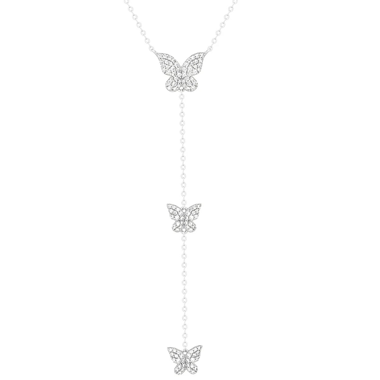 Three Butterfly Lariat Necklace 925 sterling silver Cubic Zirconia Drop Down Y Statement Luxury Necklace