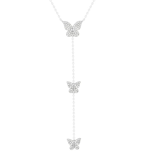 Butterfly Y Drop Necklace 925 sterling Silver Cubic Zirconia Drop Down Elegant Statement Jewelry