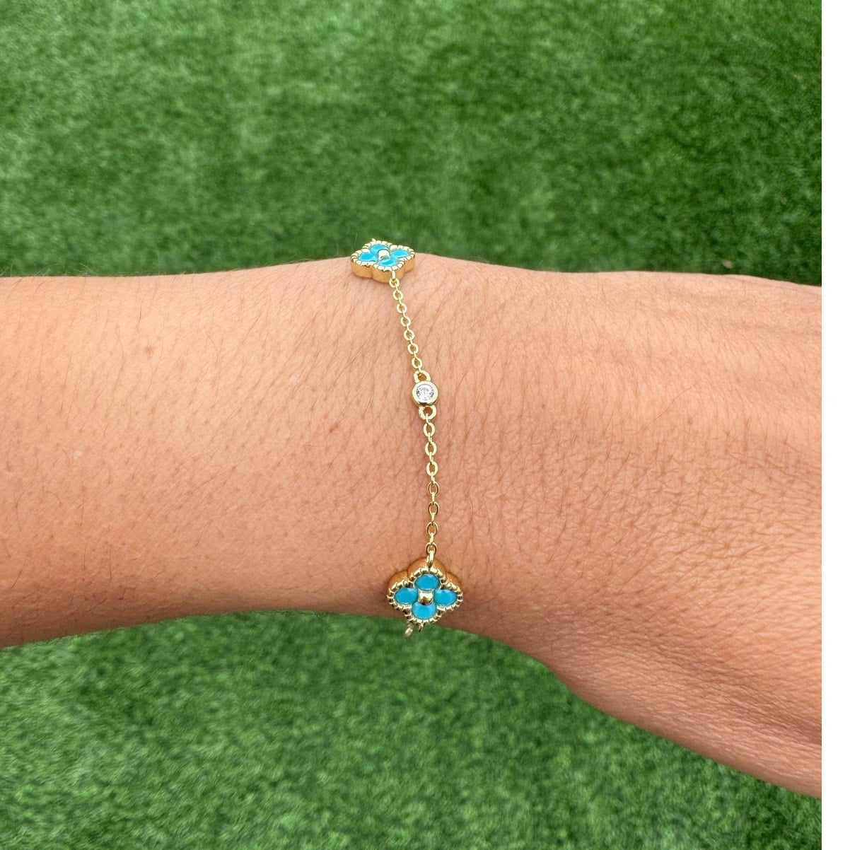 Delicate turquoise Floral Chain Bracelet 14K Gold Plated over 925 Sterling Silver