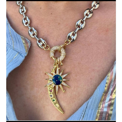 Starshine necklace Silver  Sun Moon Gold Pendant with Link Chain Silver Necklace