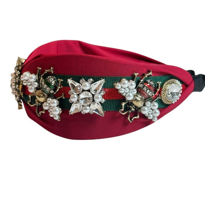 Elegant Red Headband with Pearls Crystals and Bee Details Fashion Hairband