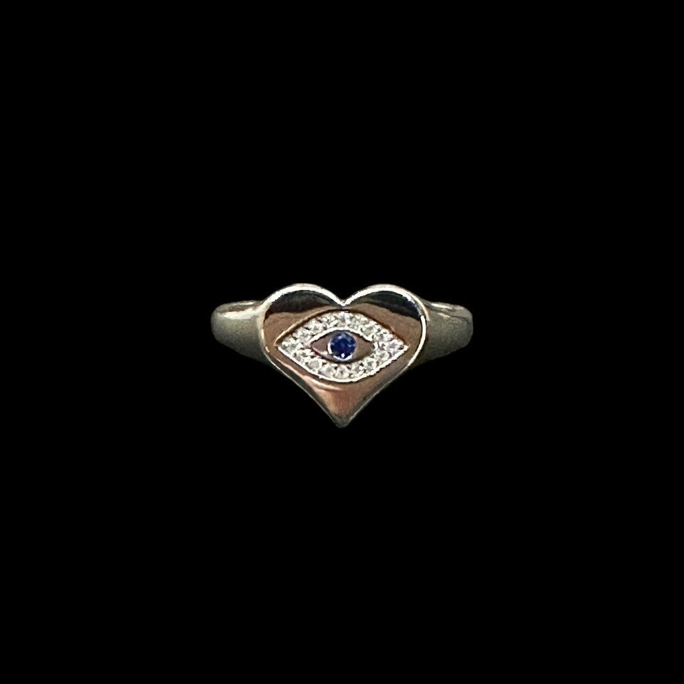 Elegant Evil Eye Heart Ring 925 Sterling Silver with Sparkling CZ Unique Design