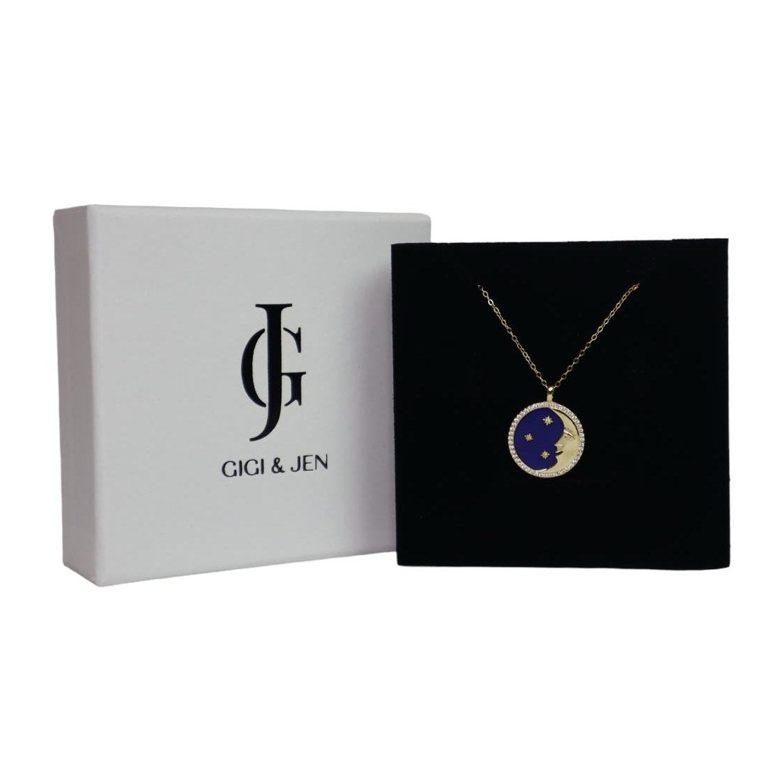 Moon + Star Night Sky Pendant  Necklace with Cubic Zirconia in 925 Sterling Silver