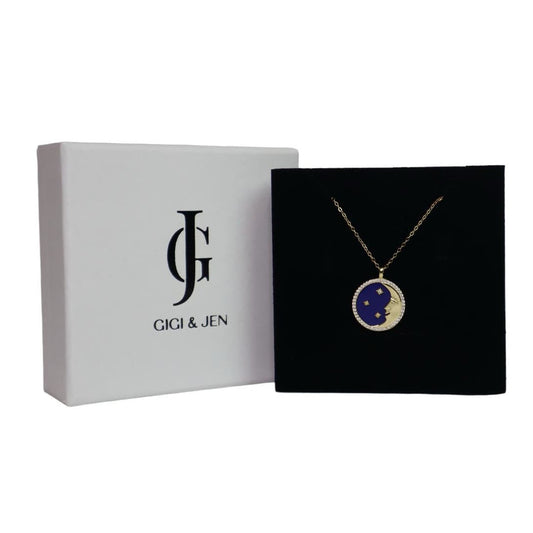 Moon and Star Night Sky Pendant Necklace - 925 Sterling Silver with Gold Plating and Cubic Zirconia