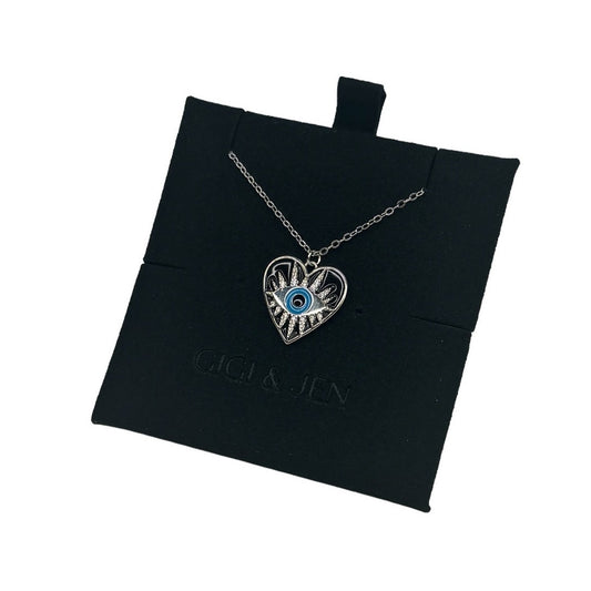 Heart Enamel Evil Eye Necklace - 925 Sterling Silver with Cubic Zirconia