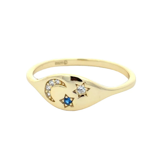 Celestial Moon Star Ring 925 Sterling Silver 14K Gold Plated Cubic Zirconia Minimal Ring, Gift for Her