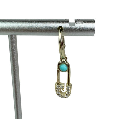 Safety Pin Turquoise Link Drop Earrings | Gold Plated 925 Sterling Huggie