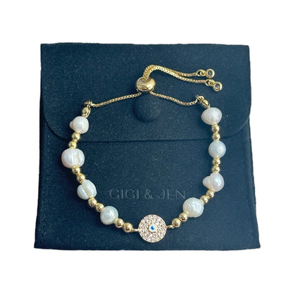 Evil Eye Protection Bracelet Round Freshwater Pearl with Adjustable Beaded Design | Elegant Jewelry for Protection and Style