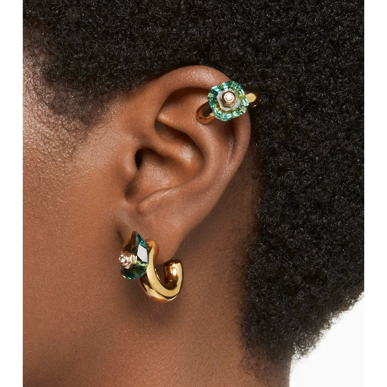 Swarovski Numina hoop earrings Set (3), Mixed cuts, Green, Gold-tone plated