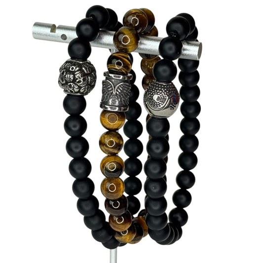 Balance & Power Men’s Bead Bracelet Skull, Yin Yang & Angel Wings Set