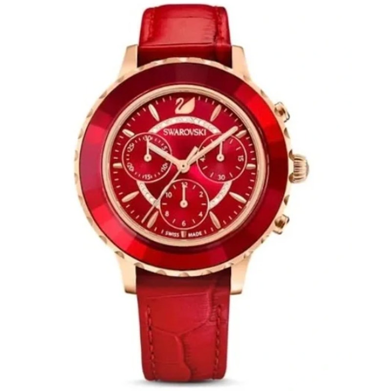 Swarovski Octea Lux Chrono,  Red Leather Rose Gold Tone Women's Watch