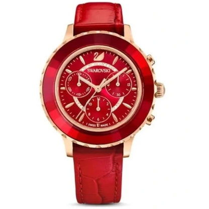 Swarovski Octea Lux Chrono,  Red Leather Rose Gold Tone Women's Watch