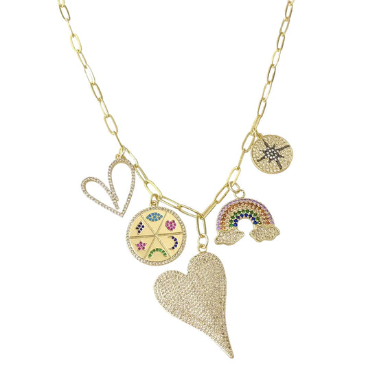 Sunshine Hearts and Rainbow Necklace – Vibrant Rainbow Jewelry with Heart Charms