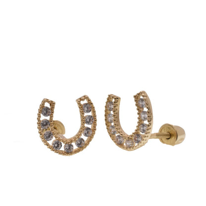 Horseshoe Screwback Earrings for Girls 14K Yellow Gold