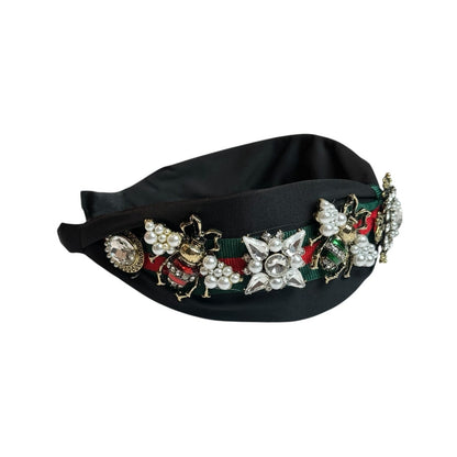 Elegant Black Headband with Pearls Crystals and Bee Details Fashion Hairband