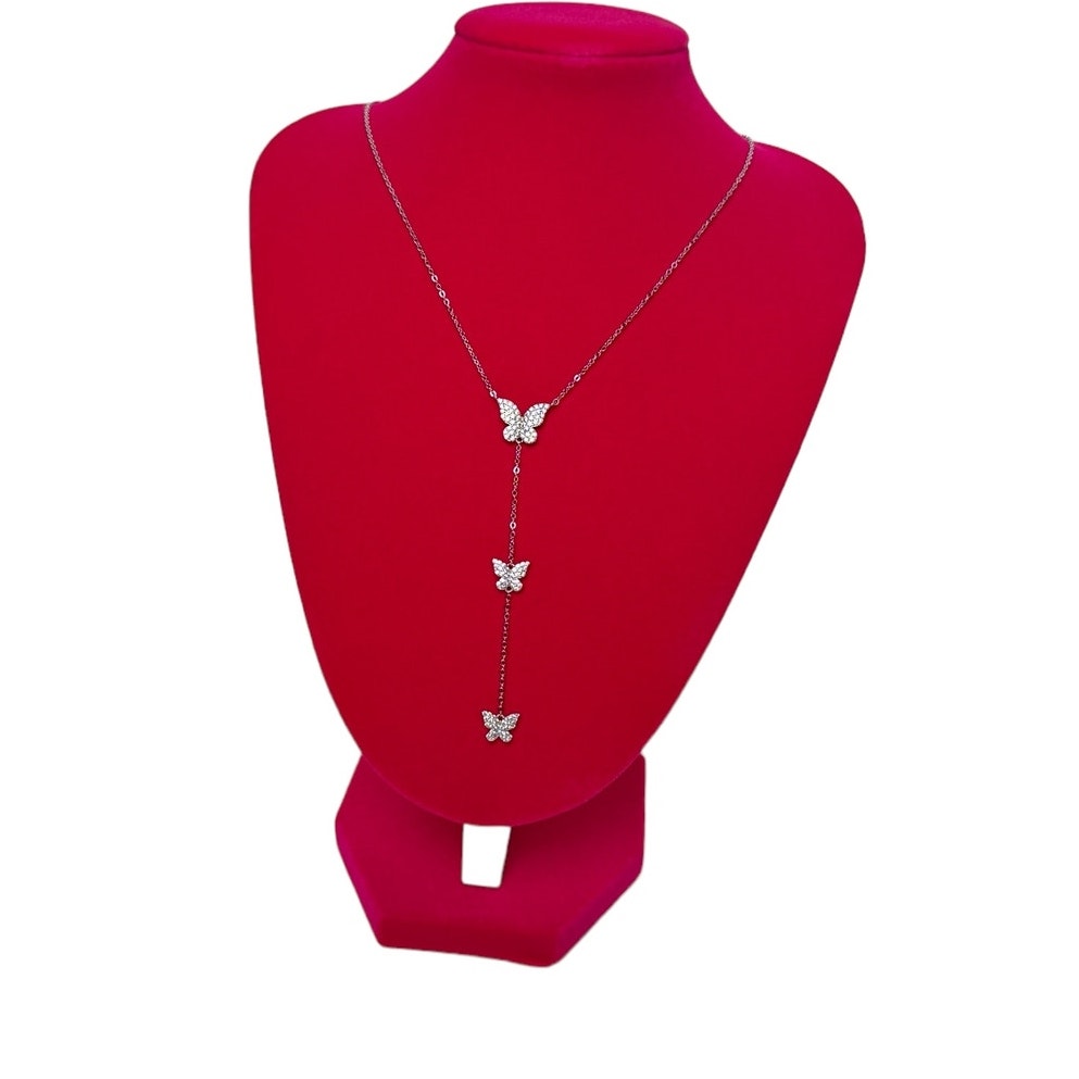 Butterfly Y Drop Necklace 925 sterling Silver Cubic Zirconia Drop Down Elegant Statement Jewelry