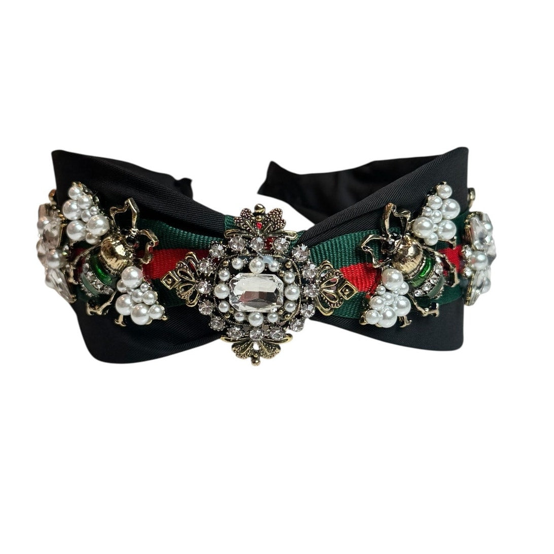 Elegant Black Headband with Pearls Crystals and Bee Details Fashion Hairband