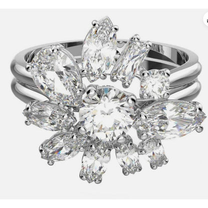 Swarovski Gema Flower Ring Rhodium Plated with Clear Stones Cocktail 58 - USA 8