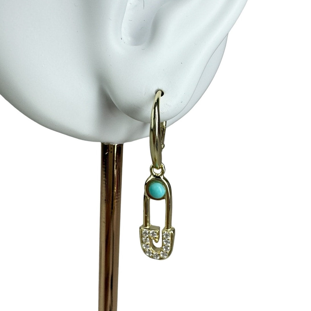 Safety Pin Turquoise Link Drop Earrings | Gold Plated 925 Sterling Huggie