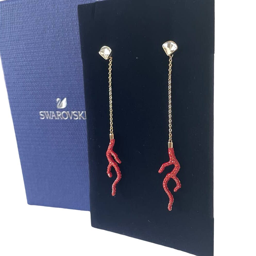 Swarovski Shell Coral Pierced Earrings Long Red Crystal