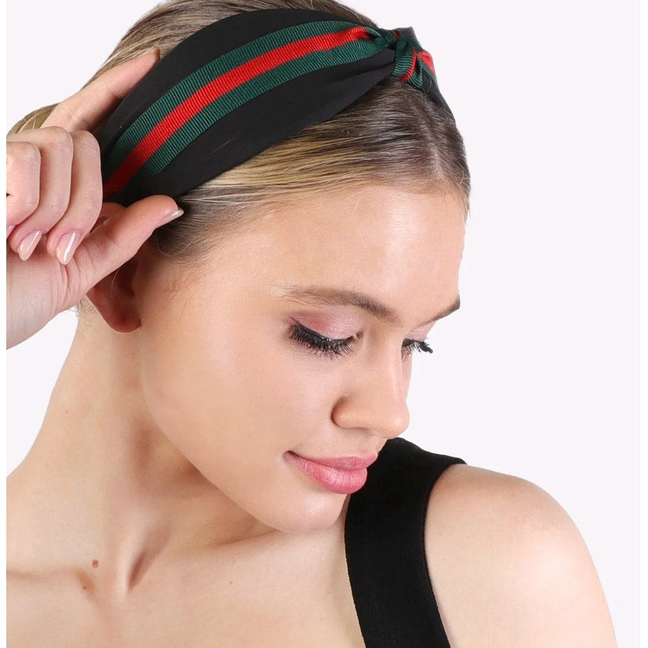 Striped Green & Red Knotted Bow Headband for Women