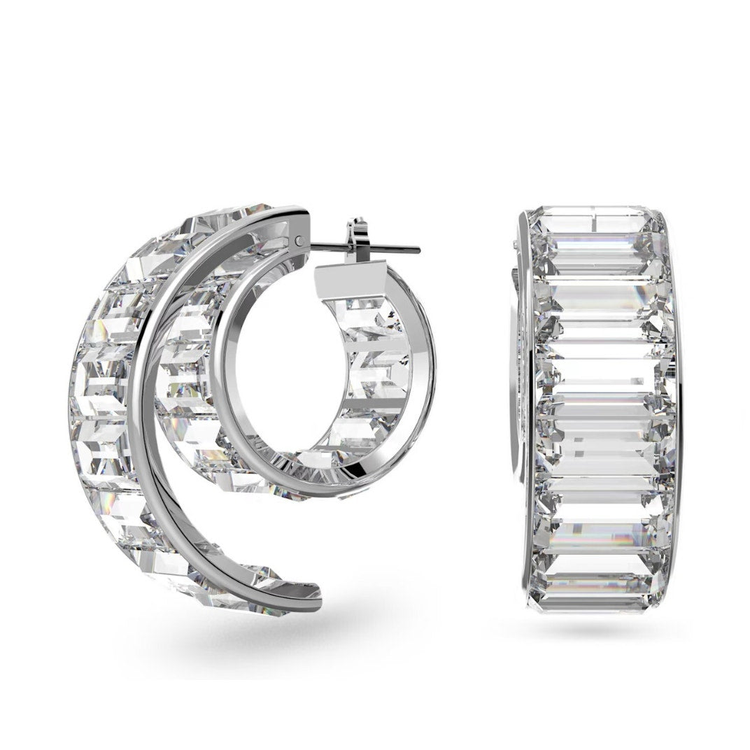 Swarovski Matrix Hoop Earrings Baguette Cut, White, Rhodium Plated