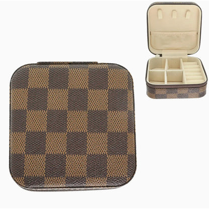 Checker Pattern PU Leather Jewelry Box  Travel Jewelry Organizer for Rings, Earrings, Necklaces & Bracelets