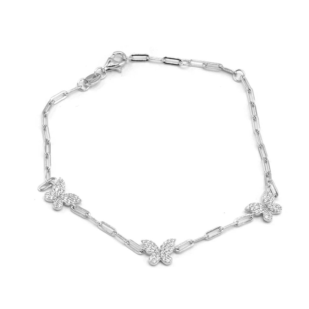 Butterfly Bracelet 925 Sterling Silver Pave Cubic Zirconia Three Butterfly