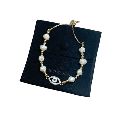 Evil Eye Shaped Freshwater Pearl Bracelet – Adjustable Beaded Protection Jewelry | Stylish and Elegant Accessory