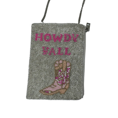 HOWDY YALL Message Cowboy Boots Seed Beaded Crossbody Bag Phone bag