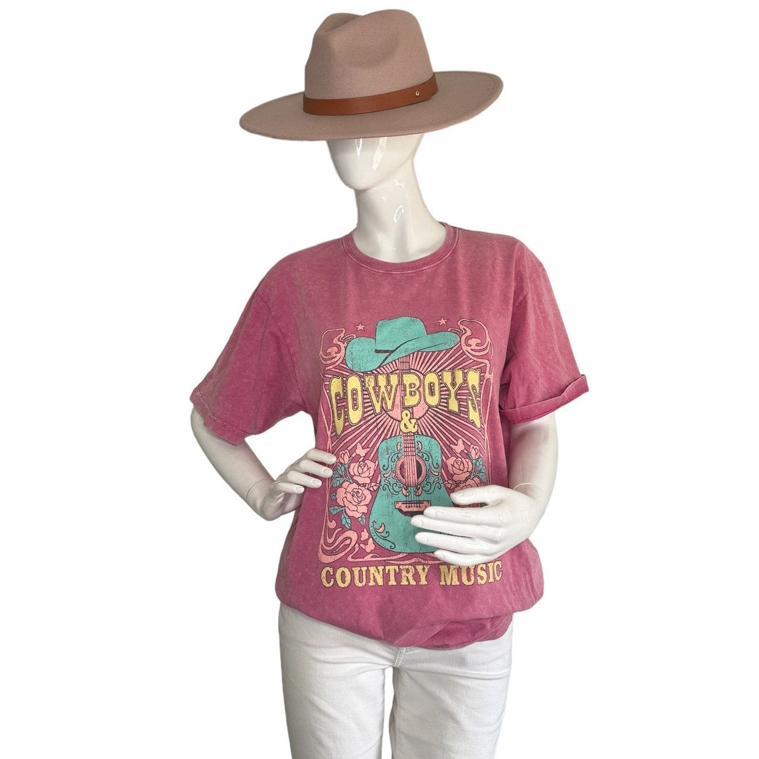 Cowboys & Country Music Graphic S/S Washed Boyfriend Fit Pink Round Neck Tee