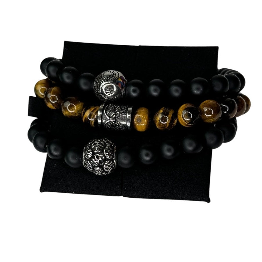 Balance & Power Men’s Bead Bracelet Skull, Yin Yang & Angel Wings Set