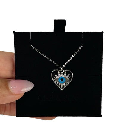 Heart Enamel Evil Eye Necklace - 925 Sterling Silver with Cubic Zirconia