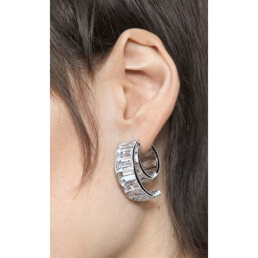 Swarovski Matrix Hoop Earrings Baguette Cut, White, Rhodium Plated