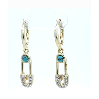 Safety Pin Turquoise Link Drop Earrings | Gold Plated 925 Sterling Huggie