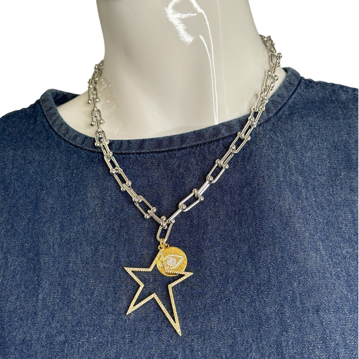 Party link Chain Silver Necklace Gold tone Star and eye Circle Pendant