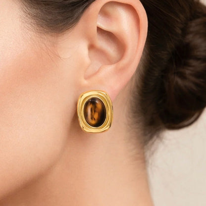 Tiger Eye Inspired Stud Earrings Gold Plated Oval Statement Earrings