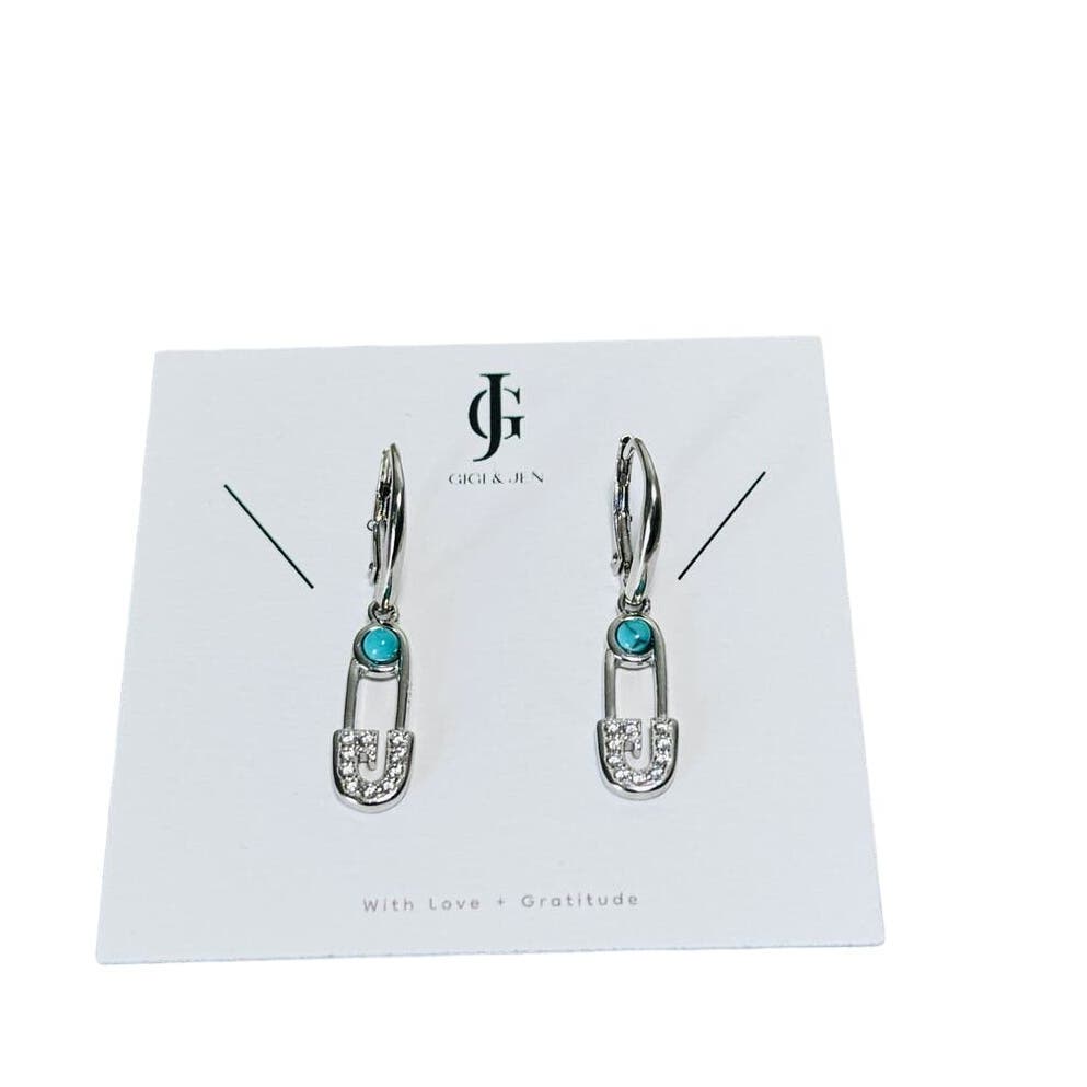 Safety Pin Turquoise earrings Link Drop Earrings Sterling Silver 925  huggie