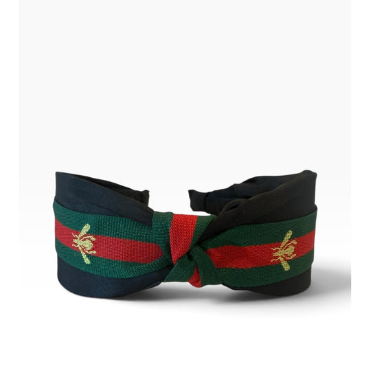 Knotted Headband for Women Black Green & Red Stripe Gold Bee