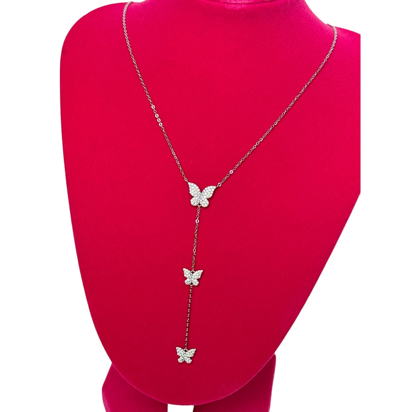 Three Butterfly Lariat Necklace 925 sterling silver Cubic Zirconia Drop Down Y Statement Luxury Necklace