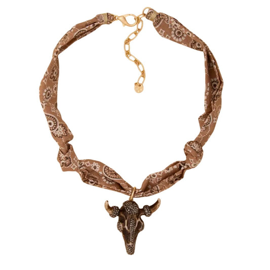 Out West Brown Pave Steer Head Brown Scarf Necklace